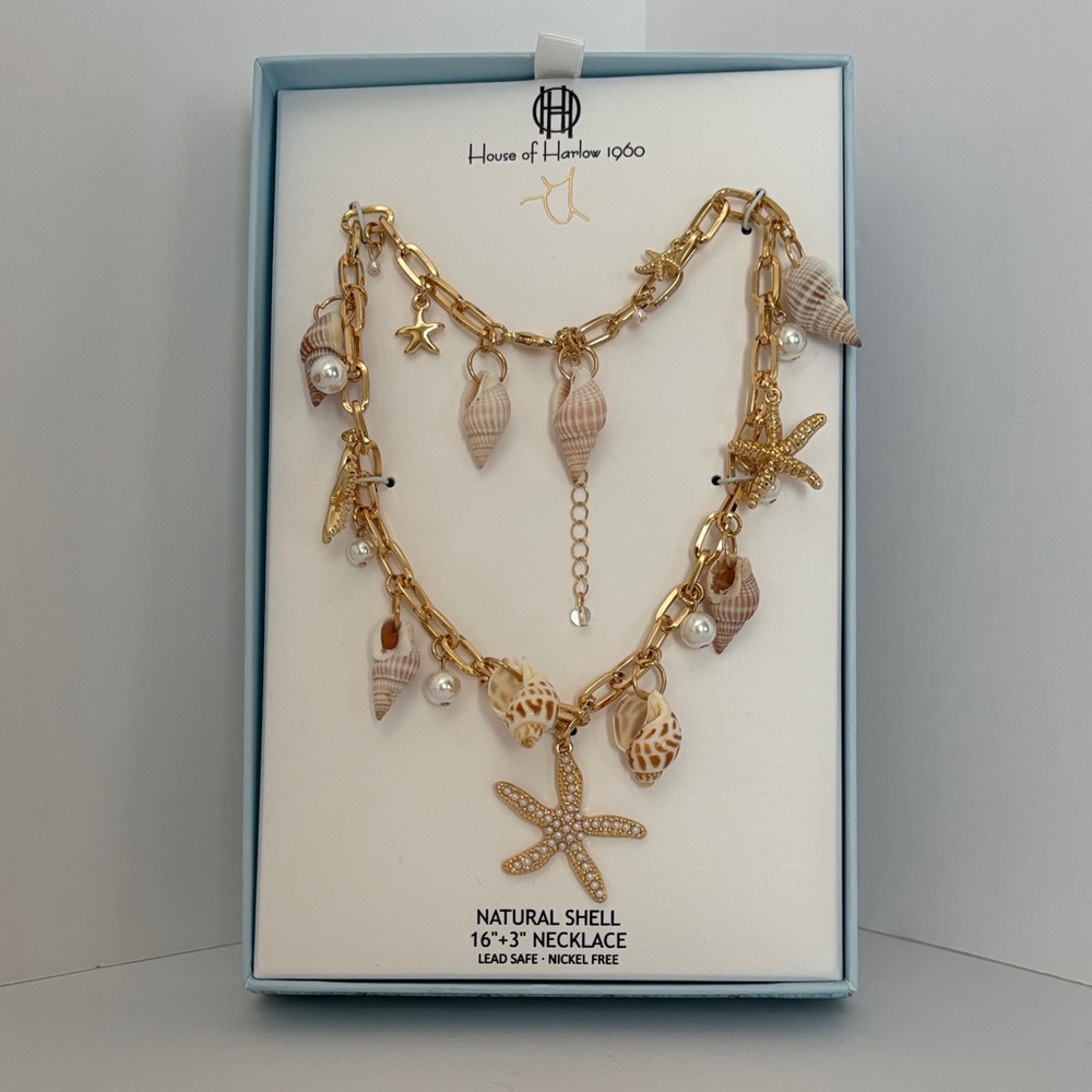 ☀️House of Harlow 1960 Gold Chain Necklace with Natural Shell & Pearl Charms